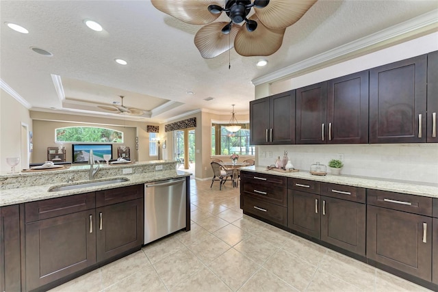 5359 90th Avenue Cir E, Parrish, FL 34219 - kitchen with stainless steel dishwasher, a sink, ornamental molding, ceiling fan, and a raised ceiling