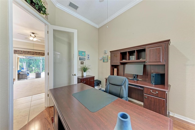 5359 90th Avenue Cir E, Parrish, FL 34219 - office with a ceiling fan, ornamental molding, light wood finished floors, and vaulted ceiling