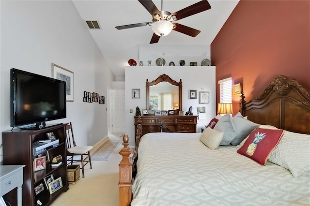 6405 Alesheba Ln, Sarasota, FL 34240 - bedroom with high vaulted ceiling and a ceiling fan