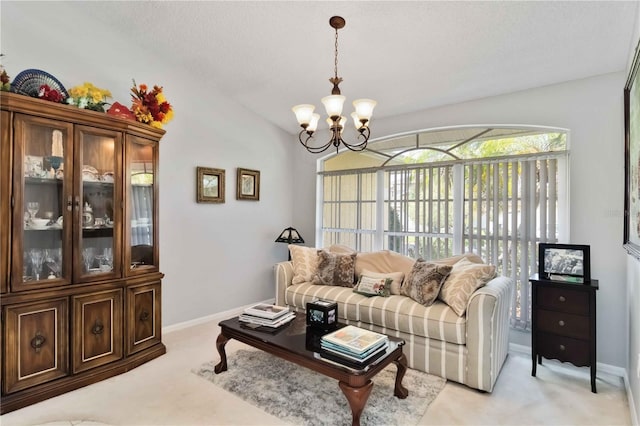 6405 Alesheba Ln, Sarasota, FL 34240 - living area with a chandelier, light colored carpet, and vaulted ceiling