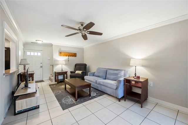 6860 Whitman Ct Unit 32B, Sarasota, FL 34243 - living area featuring ornamental molding, ceiling fan, baseboards, and light tile patterned floors