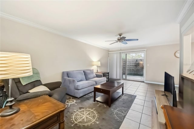 6860 Whitman Ct Unit 32B, Sarasota, FL 34243 - living area with a ceiling fan, crown molding, light tile patterned flooring, and baseboards
