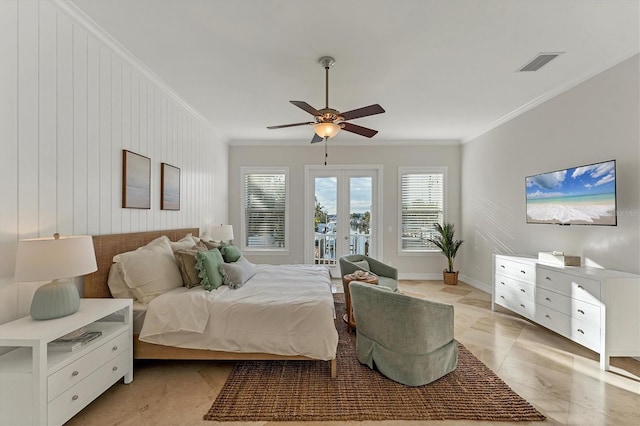 634 Key Royale Dr, Holmes Beach, FL 34217 - bedroom with crown molding, access to outside, ceiling fan, light tile patterned floors, and baseboards