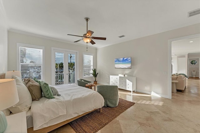 634 Key Royale Dr, Holmes Beach, FL 34217 - bedroom with access to exterior, crown molding, baseboards, french doors, and ceiling fan