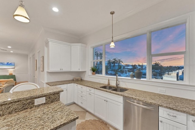 634 Key Royale Dr, Holmes Beach, FL 34217 - kitchen featuring dishwasher, a sink, white cabinets, light stone counters, and ornamental molding