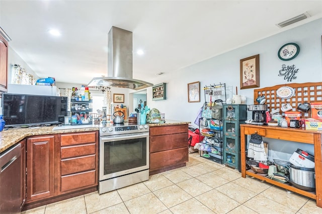 225 Sherwood Ln, Daytona Beach, FL 32117 - kitchen with appliances with stainless steel finishes, island range hood, light tile patterned flooring, light stone countertops, and recessed lighting