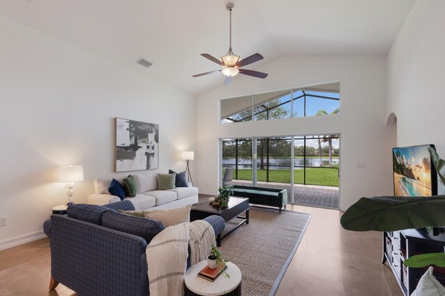12031 Longview Lake Cir, Lakewood Ranch, FL 34211 - living area featuring high vaulted ceiling, ceiling fan, and baseboards