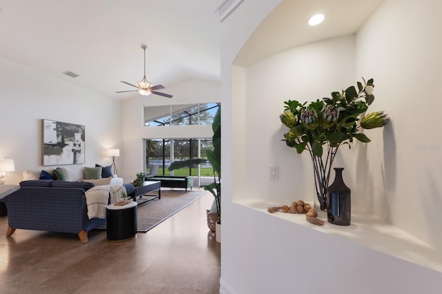 12031 Longview Lake Cir, Lakewood Ranch, FL 34211 - living area with a ceiling fan, high vaulted ceiling, and tile patterned flooring
