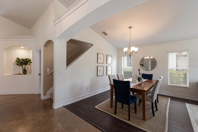 12031 Longview Lake Cir, Lakewood Ranch, FL 34211 - dining room with lofted ceiling, healthy amount of natural light, a chandelier, stairs, and baseboards