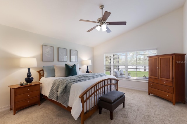 12031 Longview Lake Cir, Lakewood Ranch, FL 34211 - bedroom with light colored carpet, baseboards, ceiling fan, and high vaulted ceiling