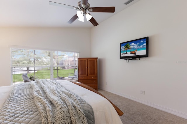 12031 Longview Lake Cir, Lakewood Ranch, FL 34211 - bedroom featuring light colored carpet, ceiling fan, baseboards, and high vaulted ceiling