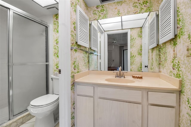 3500 El Conquistador Pkwy Unit 128, Bradenton, FL 34210 - bathroom with wallpapered walls, vanity, a stall shower, and tile patterned floors