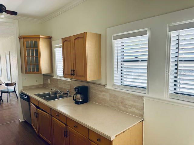 1412 12th Ave W, Bradenton, FL 34205 - kitchen with a sink, dishwasher, light countertops, backsplash, and glass insert cabinets
