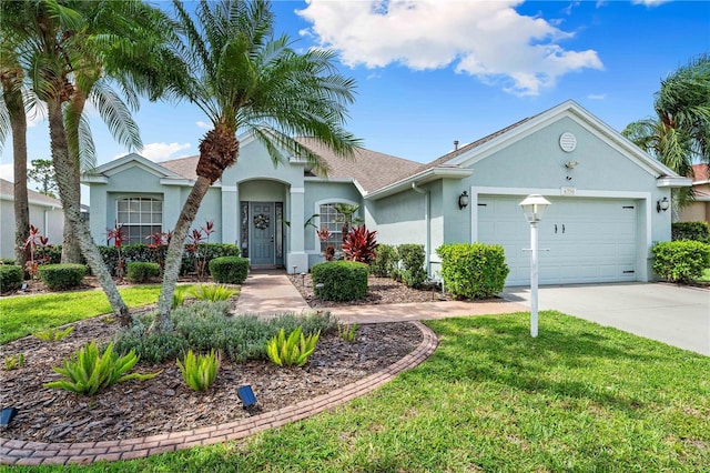 6750 64th Ter E, Bradenton, FL 34203 - view of front of property with stucco siding, an attached garage, driveway, and a front lawn