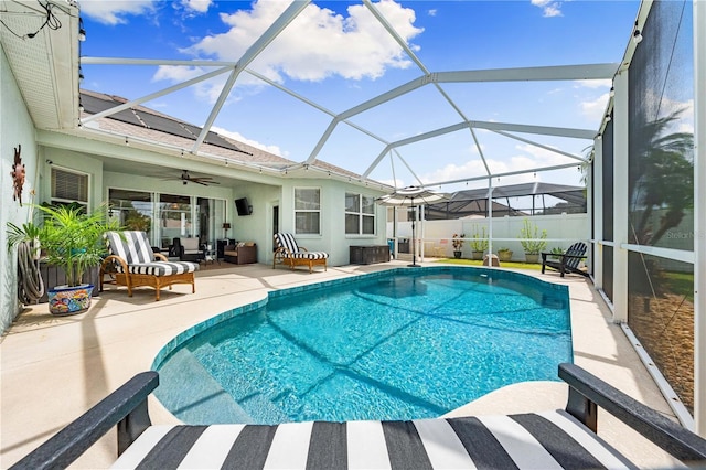 6750 64th Ter E, Bradenton, FL 34203 - view of pool with a patio area, an outdoor hangout area, a ceiling fan, and a lanai