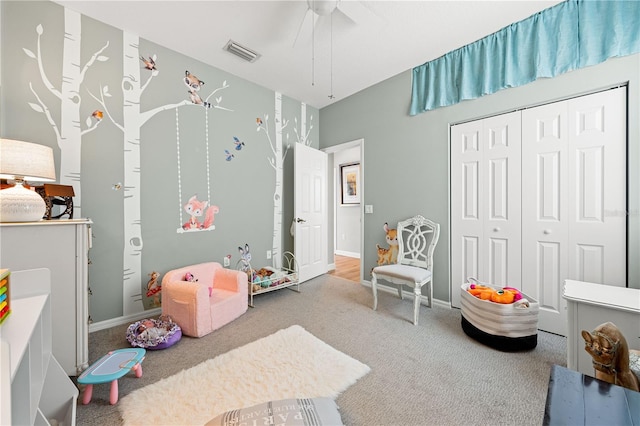 6750 64th Ter E, Bradenton, FL 34203 - recreation room featuring carpet and a ceiling fan