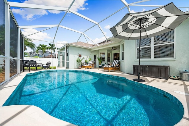 6750 64th Ter E, Bradenton, FL 34203 - swimming pool with a ceiling fan, a patio, and a lanai