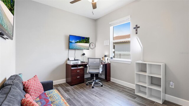 3504 Big Sky Way, Bradenton, FL 34211 - office area with baseboards, wood finished floors, and ceiling fan