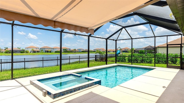 3504 Big Sky Way, Bradenton, FL 34211 - view of pool with a residential view, a water view, a patio area, a pool with connected hot tub, and glass enclosure