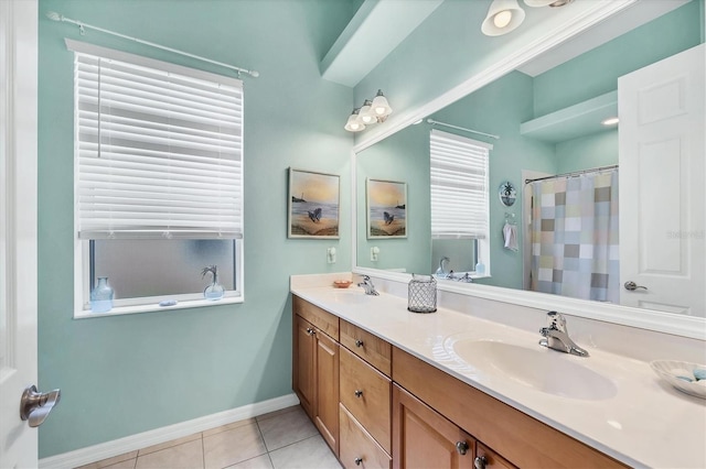 2085 Mattamy Ct, Venice, FL 34292 - bathroom with tile patterned floors, double vanity, and a shower with shower curtain