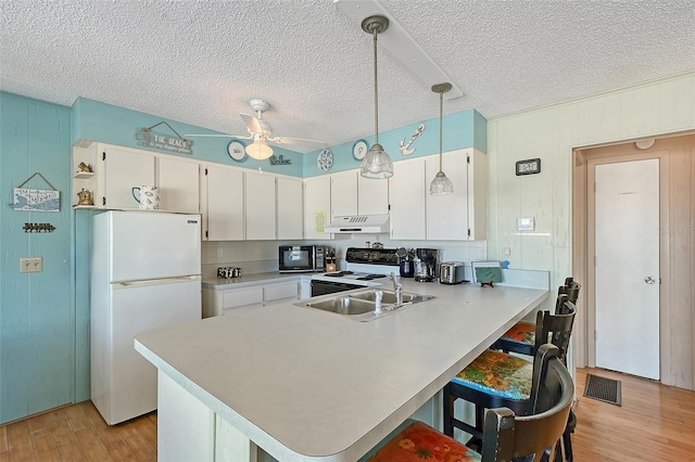1103 Shore View Dr, Englewood, FL 34223 - kitchen with white appliances, under cabinet range hood, a peninsula, light wood finished floors, and light countertops