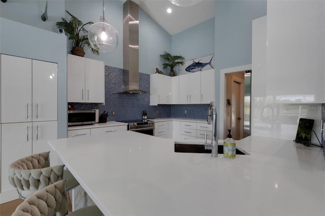 4120 51st Dr W, Bradenton, FL 34210 - kitchen featuring appliances with stainless steel finishes, extractor fan, high vaulted ceiling, a peninsula, and backsplash