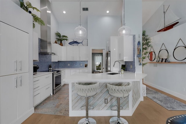 4120 51st Dr W, Bradenton, FL 34210 - kitchen with stainless steel appliances, range hood, a kitchen breakfast bar, decorative backsplash, and a peninsula