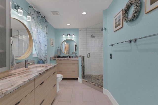 4120 51st Dr W, Bradenton, FL 34210 - full bathroom featuring a shower stall, vanity, recessed lighting, and tile patterned floors