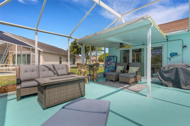 4120 51st Dr W, Bradenton, FL 34210 - view of patio with an outdoor hangout area, ceiling fan, a lanai, and grilling area