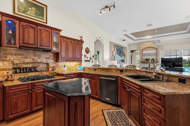 7513 Coventry Ct, Lakewood Ranch, FL 34202 - kitchen with dishwashing machine, a sink, black gas stovetop, and light wood-type flooring