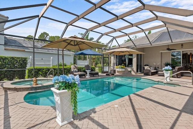 7513 Coventry Ct, Lakewood Ranch, FL 34202 - view of pool featuring a patio, an outdoor hangout area, a ceiling fan, and a pool with connected hot tub