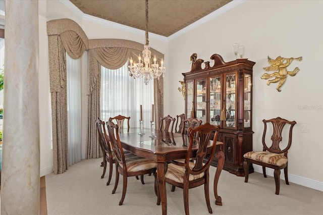 7513 Coventry Ct, Lakewood Ranch, FL 34202 - dining area with a chandelier, light carpet, crown molding, and baseboards