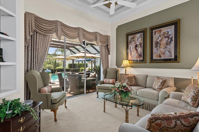 7513 Coventry Ct, Lakewood Ranch, FL 34202 - living area with a ceiling fan, crown molding, carpet, and beamed ceiling