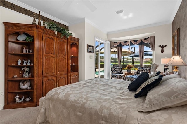 7513 Coventry Ct, Lakewood Ranch, FL 34202 - bedroom with access to exterior, ornamental molding, a ceiling fan, a chandelier, and carpet