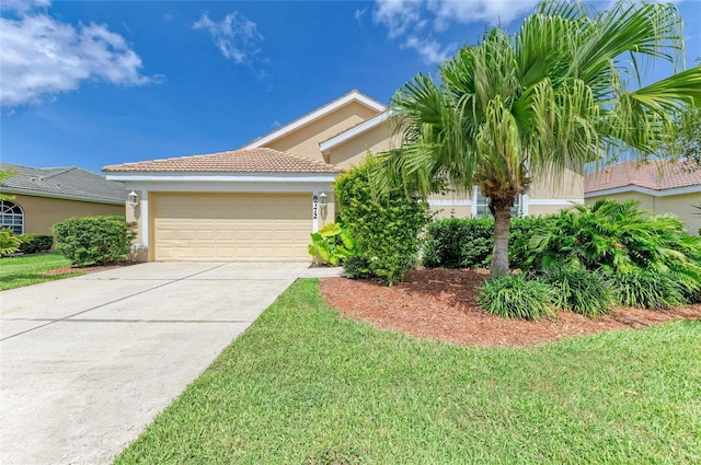 8772 Stone Harbour Loop, Bradenton, FL 34212 - view of front of home featuring stucco siding, a garage, driveway, a tiled roof, and a front yard