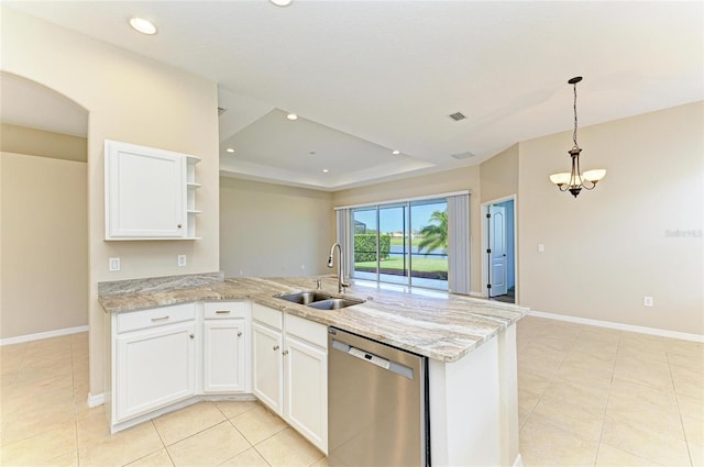 8772 Stone Harbour Loop, Bradenton, FL 34212 - kitchen featuring dishwasher, open shelves, a peninsula, white cabinets, and light stone counters