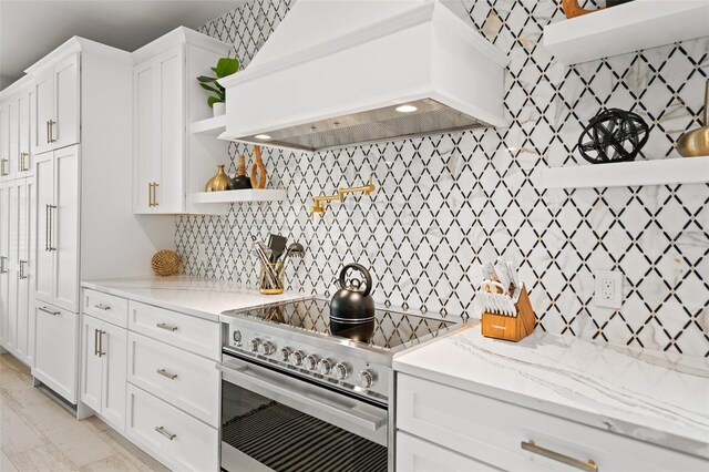 109 Palmetto Ave, Anna Maria, FL 34216 - kitchen featuring custom exhaust hood, electric range, open shelves, and tasteful backsplash