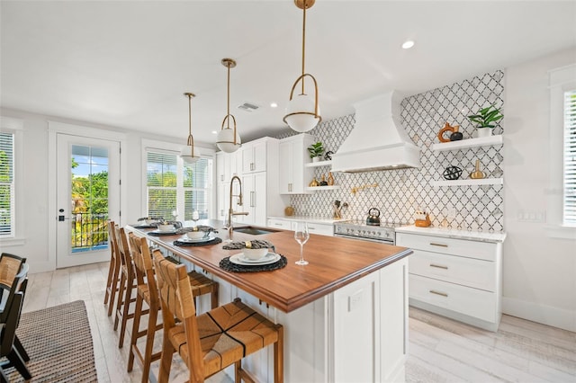 109 Palmetto Ave, Anna Maria, FL 34216 - kitchen featuring open shelves, a sink, premium range hood, backsplash, and healthy amount of natural light