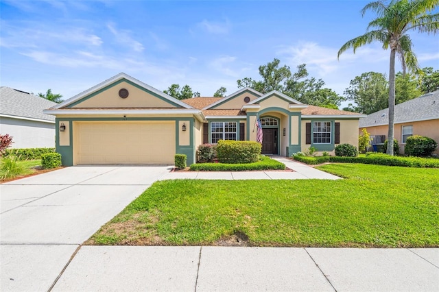 743 Stonecrest Dr, Sarasota, FL 34232 - ranch-style home with stucco siding, a garage, a front lawn, and driveway