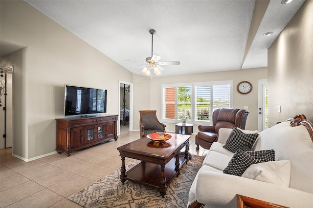4194 Banbury Cir, Parrish, FL 34219 - living area featuring light tile patterned flooring, a ceiling fan, baseboards, vaulted ceiling, and recessed lighting