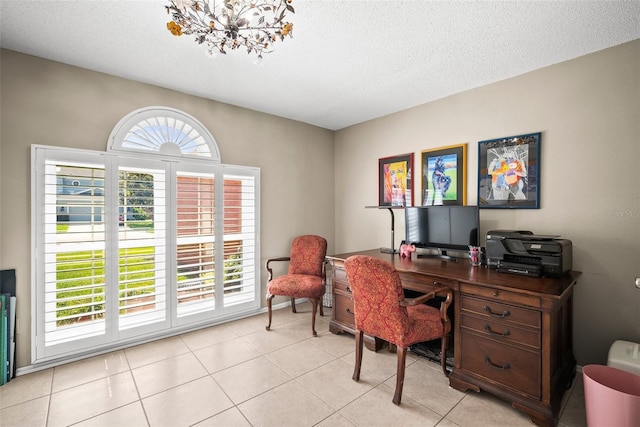 4194 Banbury Cir, Parrish, FL 34219 - office area featuring light tile patterned flooring, a textured ceiling, and a chandelier