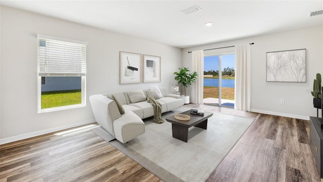12064 Lansing Gln, Parrish, FL 34219 - living room featuring wood finished floors, a water view, and baseboards
