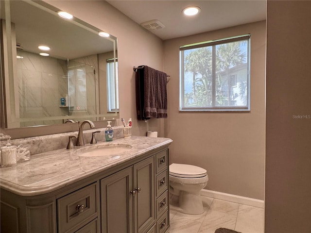 3500 El Conquistador Pkwy Unit 347, Bradenton, FL 34210 - full bathroom with vanity, a shower, marble look tile flooring, and recessed lighting