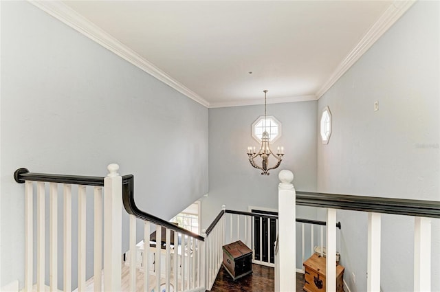 8963 Fishermens Bay Dr, Sarasota, FL 34231 - stairs featuring wood finished floors, a chandelier, and ornamental molding
