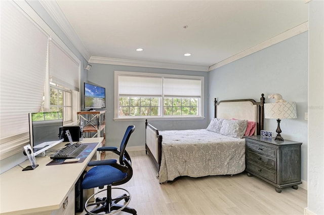 8963 Fishermens Bay Dr, Sarasota, FL 34231 - bedroom with crown molding, light wood-style floors, a desk, and recessed lighting