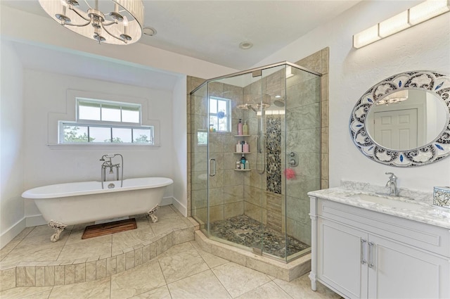 8963 Fishermens Bay Dr, Sarasota, FL 34231 - bathroom featuring a soaking tub, vanity, and a shower stall