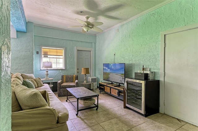 8963 Fishermens Bay Dr, Sarasota, FL 34231 - living room featuring a textured wall, crown molding, tile patterned flooring, a textured ceiling, and ceiling fan
