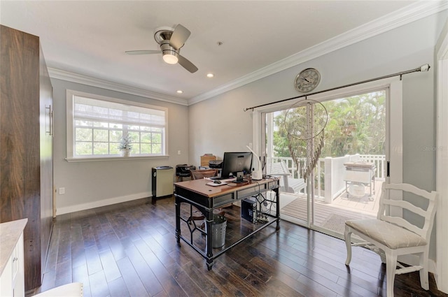 8963 Fishermens Bay Dr, Sarasota, FL 34231 - office space with crown molding, dark wood-style floors, a ceiling fan, and recessed lighting