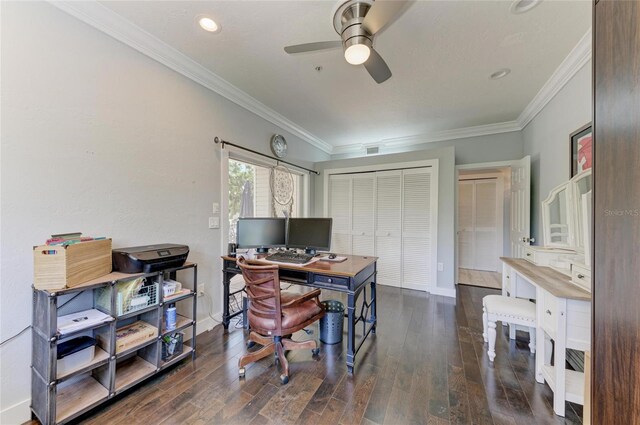 8963 Fishermens Bay Dr, Sarasota, FL 34231 - home office with a ceiling fan, ornamental molding, wood finished floors, and recessed lighting
