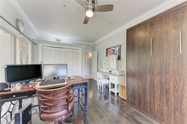 8963 Fishermens Bay Dr, Sarasota, FL 34231 - office with dark wood-style floors, a ceiling fan, and crown molding